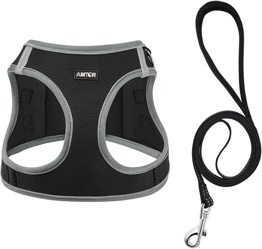 AMTOR Small Dog Harness with Leash Set, No Escape Easy Walk Puppy Harnesses for Training Walking, Step-in Reflective Soft Dogs Vest for XS S Medium Extra-Small Large Sized Dog(S,Black/Grey)