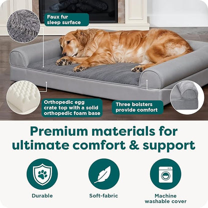 Furhaven Orthopedic Dog Bed for Large/Medium Dogs w/ Removable Bolsters & Washable Cover, For Dogs Up to 55 lbs - Faux Fur & Velvet Sofa - Dark Sage, Large