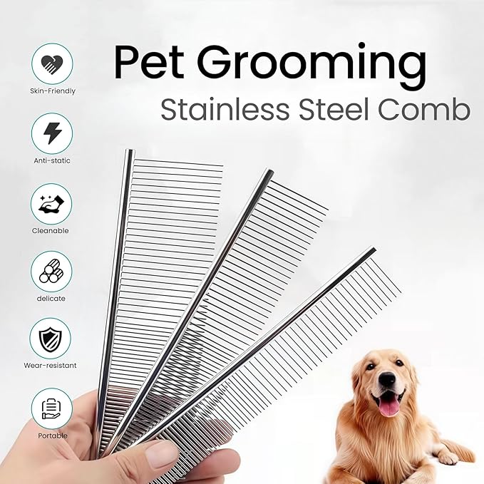 MEDUWEDU [3 Pack] Stainless Steel Pet Comb Set – Grooming Combs for Dogs & Cats, Large Medium Small Sizes – for Long, Short, Curly Hair, Detangling Matted or Knotted Undercoat Hair