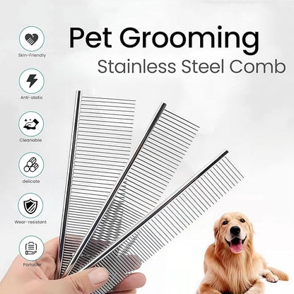 MEDUWEDU [3 Pack] Stainless Steel Pet Comb Set – Grooming Combs for Dogs & Cats, Large Medium Small Sizes – for Long, Short, Curly Hair, Detangling Matted or Knotted Undercoat Hair