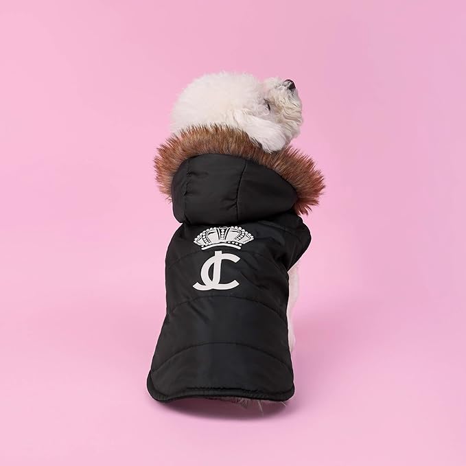 Juicy Couture Faux Fur Hooded Pet Jacket for Dogs and Cats - Black - Medium/Large