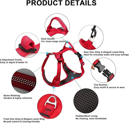 No Pull Dog Harness for Large Dogs, Adjustable, Reflective Breathable Padded Vest with 2 Metal Leash Clips and Handle for Control or Car Seatbelt Use, Red, L