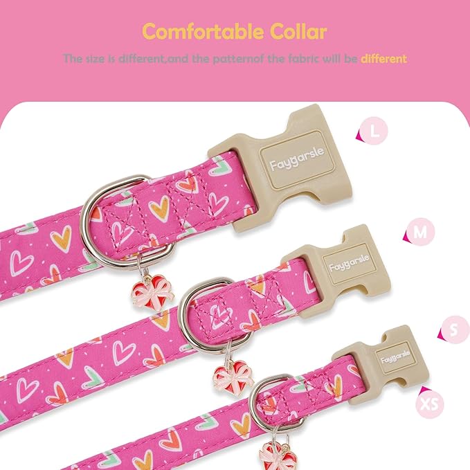 Faygarsle Valentine's Day Dog Collar, Pink Heart Pattern with Metal D-Ring and Heart Charm, Adjustable Pet Collar for Small Medium Large Dogs M