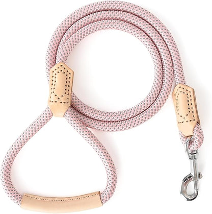 Mile High Life Rope Leash with Genuine Leather Grip and Connection, 6 FT/5 FT/4 FT, Heavy Duty Leash for Small Medium & Large Dogs(Pink,72 Inch)
