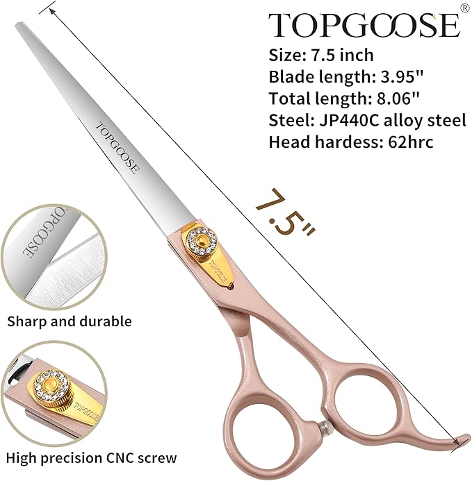 TOPGOOSE 7.5'' Dog Straight Scissors for Grooming 440C Stainless Steel Rose Gold Professional Pet Trimming Scissors Sharp Blades Cutting for Dogs and Cats Shears (Rose Gold, Straight)