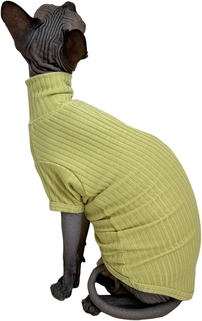 Sphynx Cats Shirt Cat Turtleneck Cotton Sweater Pullover Kitten T-Shirts with Sleeves Cat Pajamas Jumpsuit for Sphynx Cornish Rex, Devon Rex, Peterbald (Small, Green Yellow)