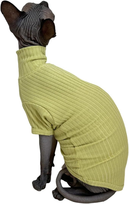 Sphynx Cats Shirt Cat Turtleneck Cotton Sweater Pullover Kitten T-Shirts with Sleeves Cat Pajamas Jumpsuit for Sphynx Cornish Rex, Devon Rex, Peterbald (X-Large (Pack of 1), Green Yellow)