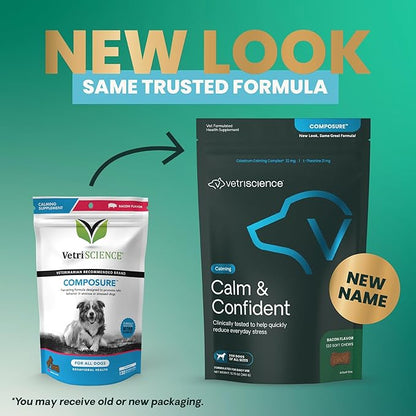 VetriScience Calm & Confident Chews, Composure Clinically Tested Calming and Anxiety Supplement for Dogs, Reduce Stress and Fear, Ideal for Thunderstorms, Fireworks and Travel, Bacon, 120 Count