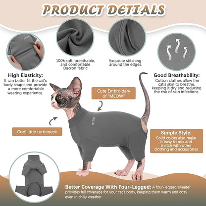 ROZKITCH Cat Pajamas for Cats Only, Breathable Soft Jumpers for Sphynx Only, Coat with Four Legs, Warm Sweater T-Shirt Pajamas Jumpsuit Vest Cornish Rex, Devon Rex, Peterbald Grey M