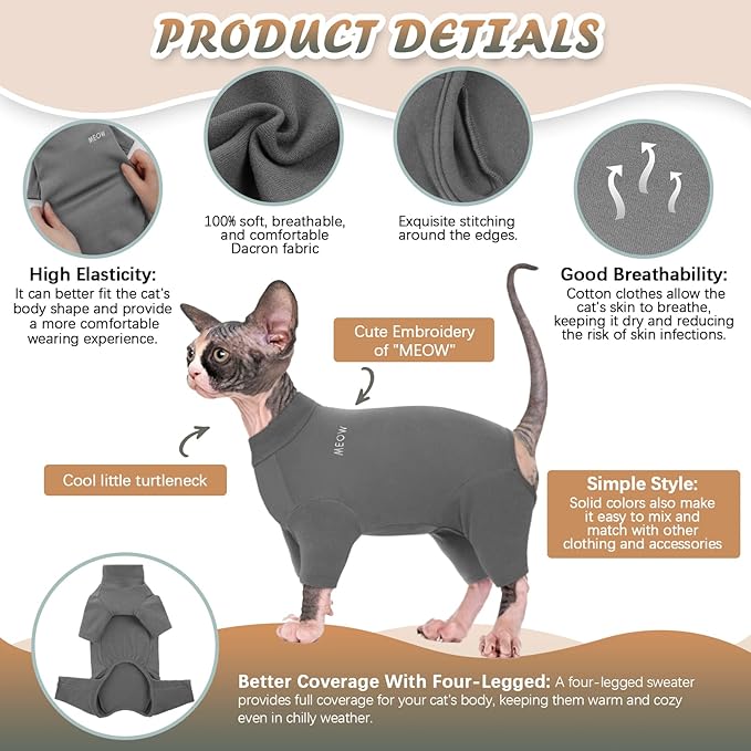 ROZKITCH Clothes for Cats, Breathable Jumpers for Sphynx Only, Soft Coat with Four Legs, Warm Sweater T-Shirt Pajamas Jumpsuit Vest Cornish Rex, Devon Rex, Peterbald Grey 2XL