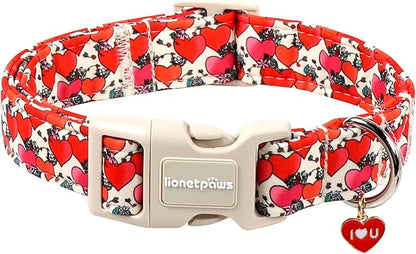 Lionet Paws Valentine's Day Dog Collars- Cute Spring Flowers Beige Dog Collar with Plastic Buckle and Heart Pendant,Dog Collar for Medium Large Dogs