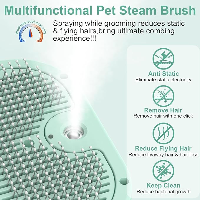 Dog Brush Cat Brushes for Shedding,Pet Steam Brush for Dogs Cats Spray Hair Removal Comb Steam Grooming for Long Short Haired Pets,Anti-Static Self Cleaning Grooming Tool Removes Loose Hair,green