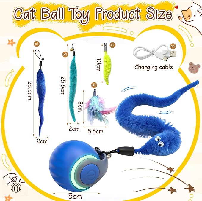 CONAMEI 1PCS Interactive Cat Toys Ball,Newly Upgraded Speedy Tail Cat Toy with USB Charging,Automatic Smart Interactive Cat Toys for Indoor Cats with 4 Tails-Blue