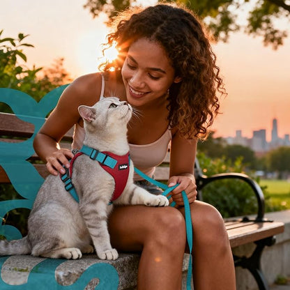rabbitgoo Cat Harness and Leash for Walking, Escape Proof Soft Adjustable Vest Harnesses for Cats, Easy Control Breathable Reflective Strips Jacket, Red & Teal, M