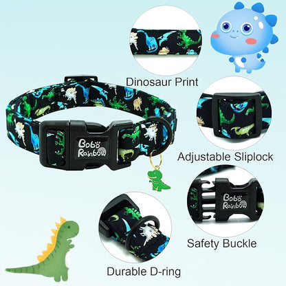 Dog Collar-Black Dinosaur Adjustable Pet Collars Comfortable Spring Summer Puppy Collar Cute Cotton Collars Durable Necklace Gift for Small Dogs