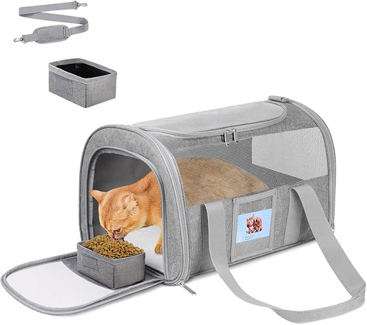 FOORLON Cat Carrier Soft for Pets Up to 25 Lbs, Cat Travel Bag with Padded Shoulder Strap and Detachable Cat Food Bowl, Pet Dog Carriers for Small Dogs Travel Puppy Carry Airline Approved, Grey