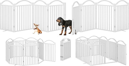 BHG Metal No-Assembly Freestanding Dog Gate with Door Walk Through, Extra Wide 96", Extra Tall 32" Pet Gate, Accordion Puppy Folding Playpen Dog Fence, with 4PCS Support (White, 8 Panels)
