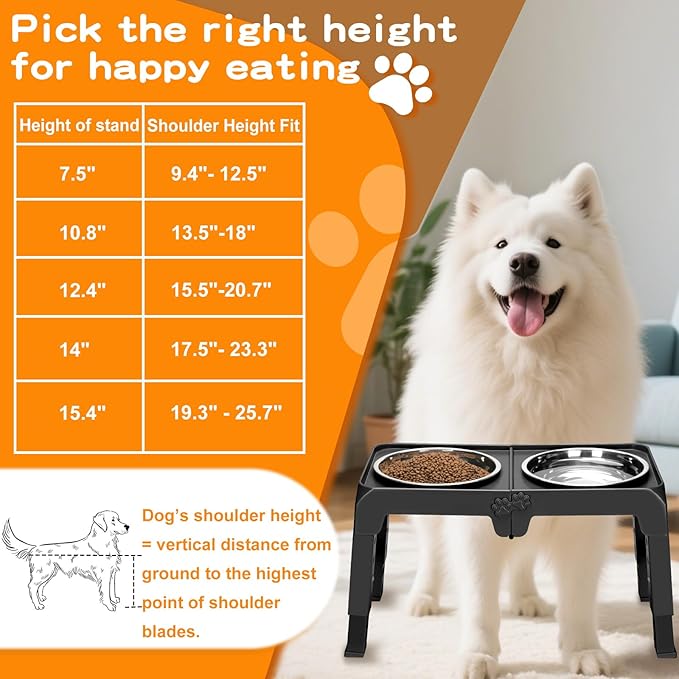 Elevated Dog Bowls for Large Dogs 5 Adjustable Heights 7.5"-15.4", 2 X-Large 10” Stainless Steel Bowls, Heavy Duty Raised Dog Bowl Stand Foldable Pet Feeder for Dogs Shoulder Height Over 15”, Black