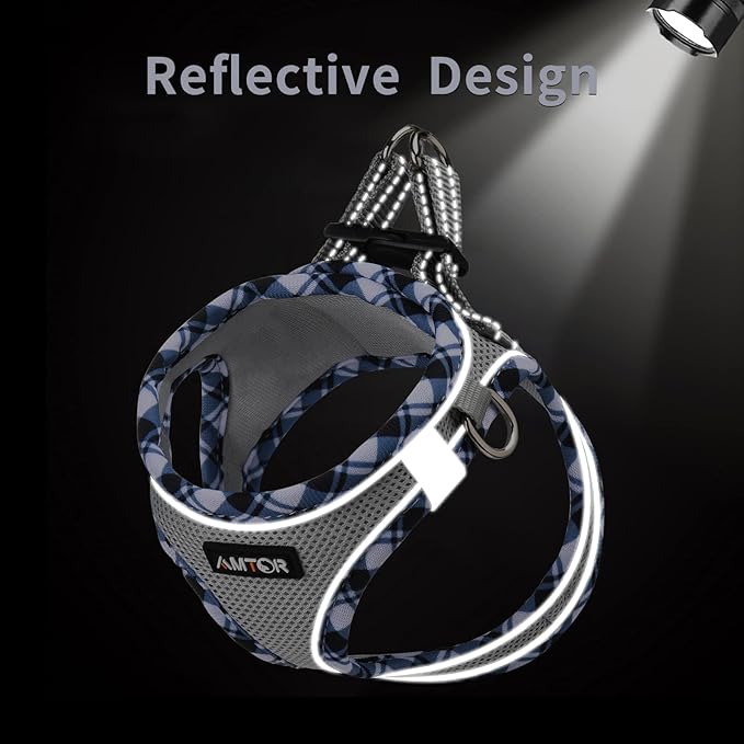AMTOR Small Dog Harness with Leash Set, No Escape Easy Walk Puppy Harnesses for Training Walking, Step-in Reflective Soft Dogs Vest for XS S Medium Extra-Small Large Sized Dog(S,Grey)