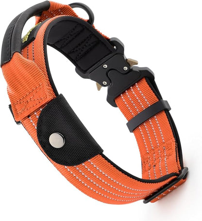 Plutus Pet Tactical Dog Collar with Tracker Pocket for AirTag, Adjustable Reflective Nylon Collar, Metal Buckle, Leather-Wrapped Handle, Soft Padded for Medium Large Dogs (Orange, S)