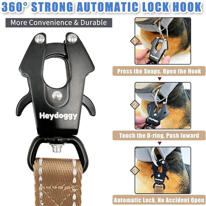 Strong Heavy Duty Dog Leash - Adjustable 15"-18" Reflective Nylon Training Leash with Padded Handle & Frog Clip, Traffic Control for Large Medium Dogs No Pull Walking Khaki