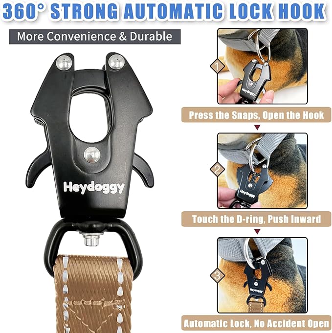 Strong Heavy Duty Dog Leash - 5ft Reflective Nylon Training Leash with Soft Padded Double Handle & Auto Lock Frog Clip - Safety Traffic Control for Large Medium Small Dogs No Pull Walk Khaki,4ft
