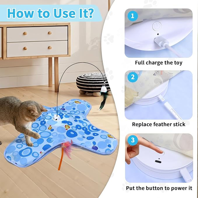DFQ Interactive Cat Toy,3 in 1 Hide and Seek for Indoor Cats, Rechargeable Touch-Activated Moving Feather Wand with Concealed Motion, Play Toy for Kittens and Adult Cats (Blue)