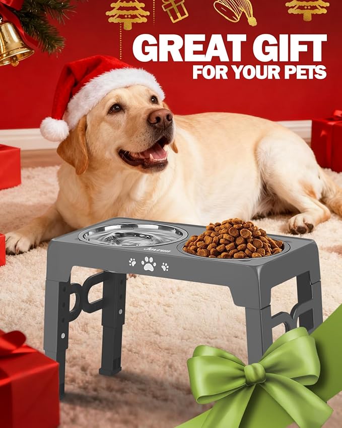 Elevated Dog Bowls, Dog Feeder with 1*Stainless Steel Dishes & 1*Slow Feeder Bowl, 5 Heights Adjustable Raised Stand for Medium Large, Food Dishes with Non-Slip Feet