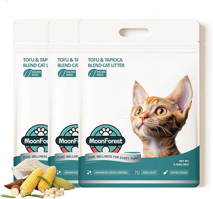 MoonForest Tofu Cat Litter,Natural Odor Control Dust-Free Clumping Litter(5.5lb×3bags)