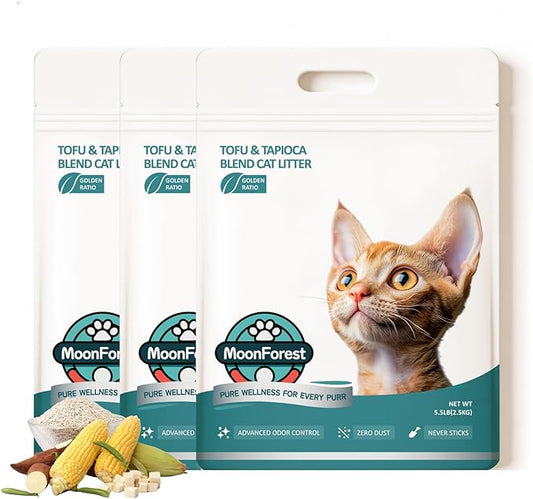 MoonForest Tofu Cat Litter,Natural Odor Control Dust-Free Clumping Litter(5.5lb×3bags)