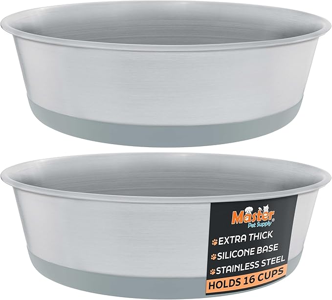 Master Pet Supply Stainless Steel Dog Bowls Set of 2 with Extra Thick Silicone Base - 16 Cup (128 oz) Graphite, Non-Slip, Dishwasher Safe Metal Bowls, Pet Dog Food Bowl for Dogs, Cats, Anti Rust