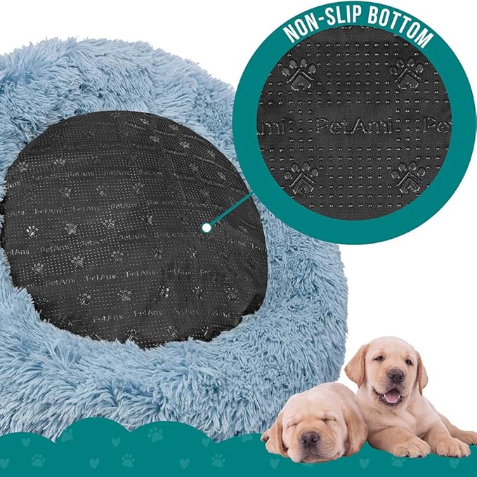 PetAmi Calming Dog Bed for Small & Medium Dogs and Cats, 30” Round Donut Dog Bed, Washable Fluffy Faux Fur Puppy & Cat Bed, Anti-Anxiety Plush Cuddler Pet Bed with Anti-Slip Bottom - Blue