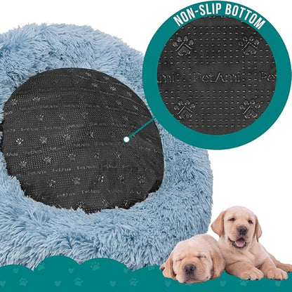 PetAmi Calming Dog Bed for Small & Medium Dogs and Cats, 30” Round Donut Dog Bed, Washable Fluffy Faux Fur Puppy & Cat Bed, Anti-Anxiety Plush Cuddler Pet Bed with Anti-Slip Bottom - Blue