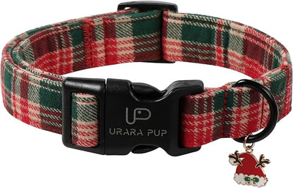 Christmas Dog Collar– Adjustable Red & Green Checkered Dog Collar for Small Medium Large Dogs, Soft Xmas Plaid Puppy Collars with Quick Release Buckle L