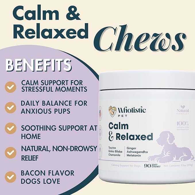 Wholistic Pet Calm & Relaxed - Calming Chews for Dogs - L-Theanine Manages Stress & Separation Anxiety - Melatonin for Dogs Anxiety Relief & Sleep Aid - Daily Dog Calming Treats - Bacon - 90 Chews