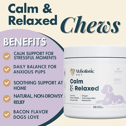 Wholistic Pet Calm & Relaxed - Calming Chews for Dogs - L-Theanine Manages Stress & Separation Anxiety - Melatonin for Dogs Anxiety Relief & Sleep Aid - Daily Dog Calming Treats - Bacon - 90 Chews
