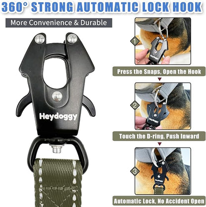Strong Heavy Duty Dog Leash - 5ft Reflective Nylon Training Leash with Soft Padded Double Handle & Auto Lock Frog Clip - Safety Traffic Control for Large Medium Small Dogs No Pull Walk Army Green,6ft