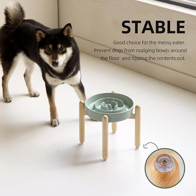 Ceramic 1.6 Cup Raised Slow Feeder Dog Bowl Set, Elevated Wooden Stand for Medium and Large Dog, 8.2inch Puzzle Slow Dish, Anti-Gulping(Light Green, Single Bowl+ Stand)