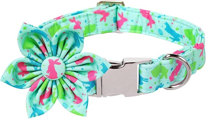 Lionet Paws Easter Dog Collar with Flower, Bunny Egg Flower Collar with Metal Buckle for Dogs, Adjustable Comfortable Dog Collar Girl, M, Neck 13.5-22 in