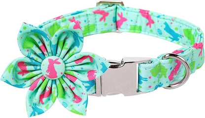 Lionet Paws Easter Dog Collar with Flower, Bunny Egg Flower Collar with Metal Buckle for Dogs, Adjustable Comfortable Dog Collar Girl, L, Neck 16-24 in