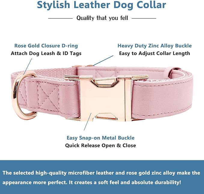 Soft Leather Dog Collar and Leash (6.6') Set - Stylish Rose Gold Heavy Duty Metal Buckle, 4 Adjustable Lengths Leash for Small Medium Large Dogs - Comfortable & Easy to Clean Pink XS(8"-12")