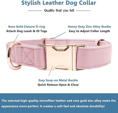 Soft Leather Dog Collar and Leash (6.6') Set - Stylish Rose Gold Heavy Duty Metal Buckle, 4 Adjustable Lengths Leash for Small Medium Large Dogs - Comfortable & Easy to Clean Pink XS(8"-12")