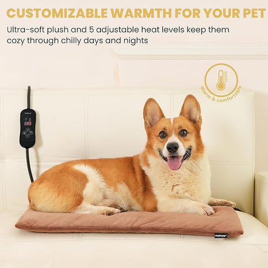 PetTemp Large Dog Heating Pad & Heated Pet Bed for Big Dogs and Multiple Pets, Waterproof Pet Heating Pad with 5 Adjustable Heat Settings, Timer, Auto Shut-Off and Chew Resistant Cord, 26'' x 20''