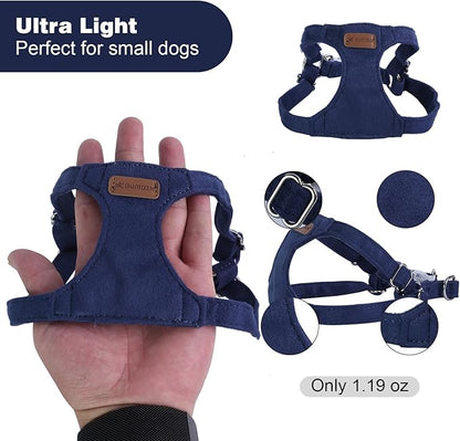 Denim Blue XXS No Pull Adjustable Puppy Harness Set with Multifunction Leash and Collar, Soft No Choke Escape Proof Pet Harness Vest for Small Dogs and Cats