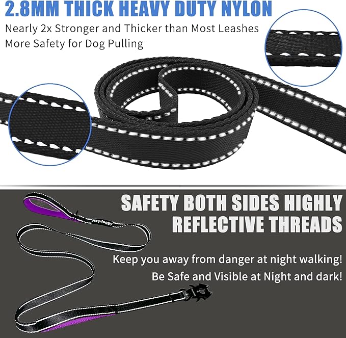 Strong Heavy Duty Dog Leash - 5ft Reflective Nylon Training Leash with Soft Padded Double Handle & Auto Lock Frog Clip - Safety Traffic Control for Large Medium Small Dog No Pull Walk Black Purple,5ft