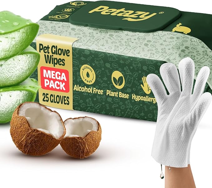 Petazy Pet Glove Wipes for Dogs & Cats – 25 Pack | Hypoallergenic, No Rinse, Extra Thick Cleaning Gloves with Aloe & Coconut Oil | Paws, Face, Ears & Butt | Travel Friendly, Gentle & Safe