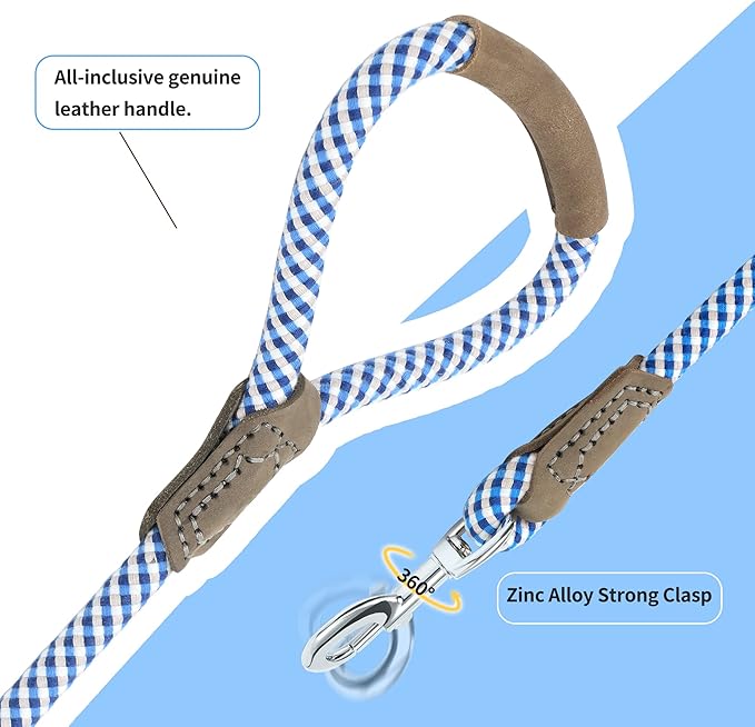 Mile High Life | Premium Leather Dog Leash | Strong Rope Leash | Leather Handle | Zinc Alloy Strong Clasp | Small Medium Large Dogs | 4/5/6 Feet(Blue Gray, 60 Inch (Pack of 1))