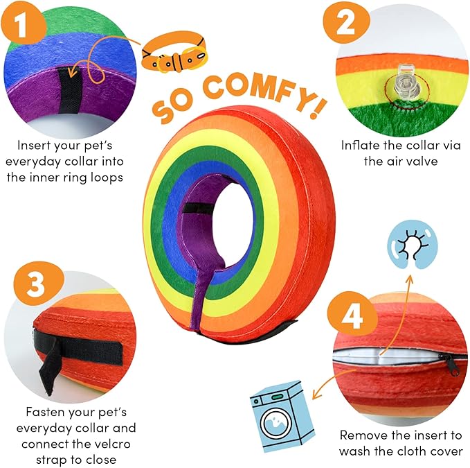 BENCMATE Inflatable Dog Cone Collar Alternative, Soft Dog Cone for Small Medium Large Dogs and Cats, Neck Recovery ECollar Donut Collar After Surgery (Small, Rainbow)