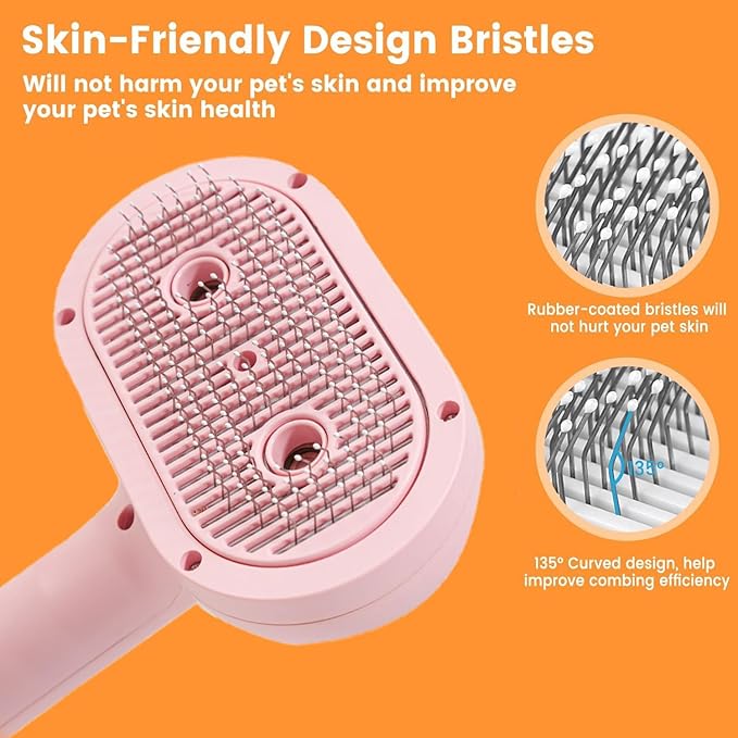 Cat Steam Brush for Shedding with Metal Comb,Deshedding Dog Brush for Long and Short Haired Dogs,Cat Hair Brush for Indoor Cats,Self Cleaning Double Hole Spray USB Rechargeable Grooming Supplies(Pink)