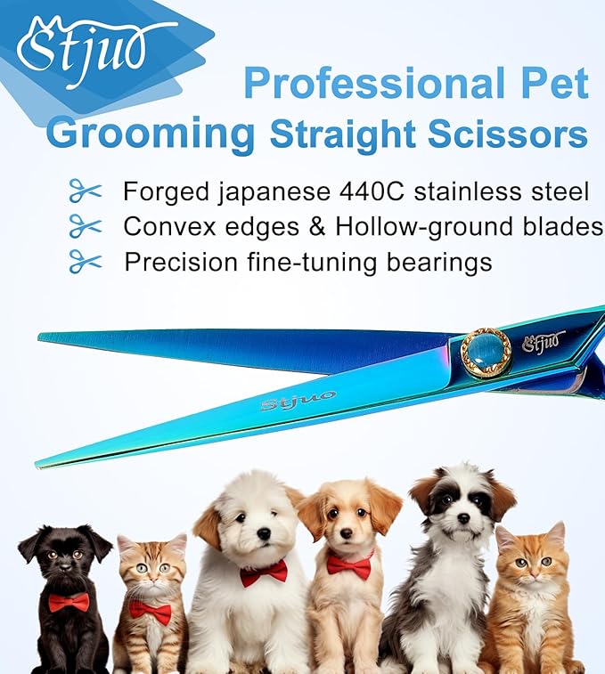 Stjuo 7.5'' Dog Straight Scissors for Grooming 440C Stainless Steel Green Professional Pet Trimming Scissors Sharp Blades Cutting for Dogs and Cats Shears